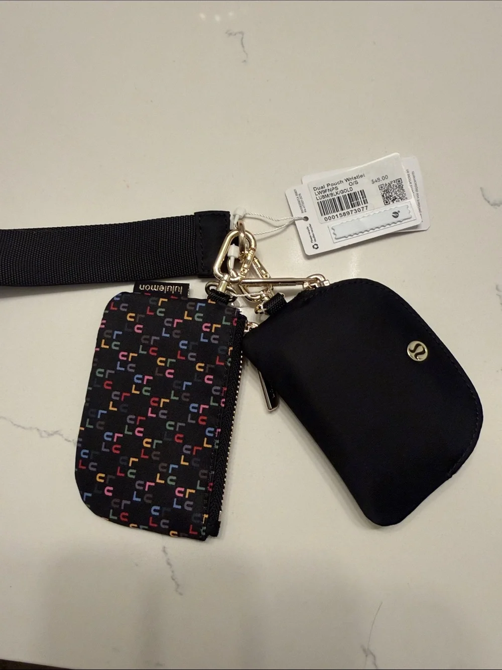 lululemon dual pouch wristlet keychain - black with gold hardware